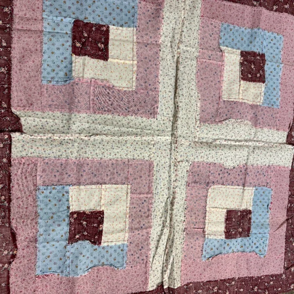 Vintage Handmade Set of 4 Pillow Square Fabric Cotton Panel Flowers Farmhouse